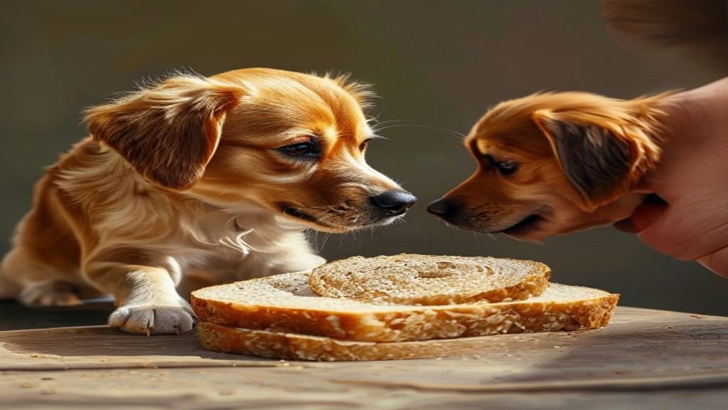 A small piece of plain bread being offered to a dog as an occasional treat