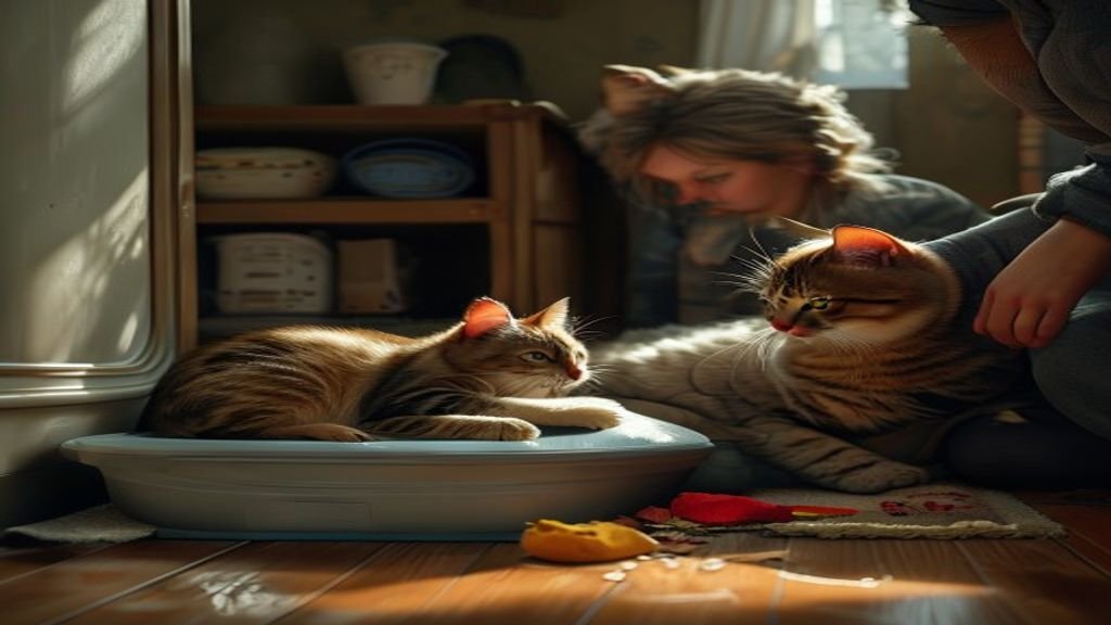 A cat resting near its litter box while an owner checks on it with concern