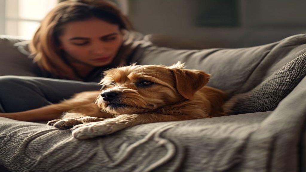 A small dog resting on a couch mid-cough while its owner listens closely