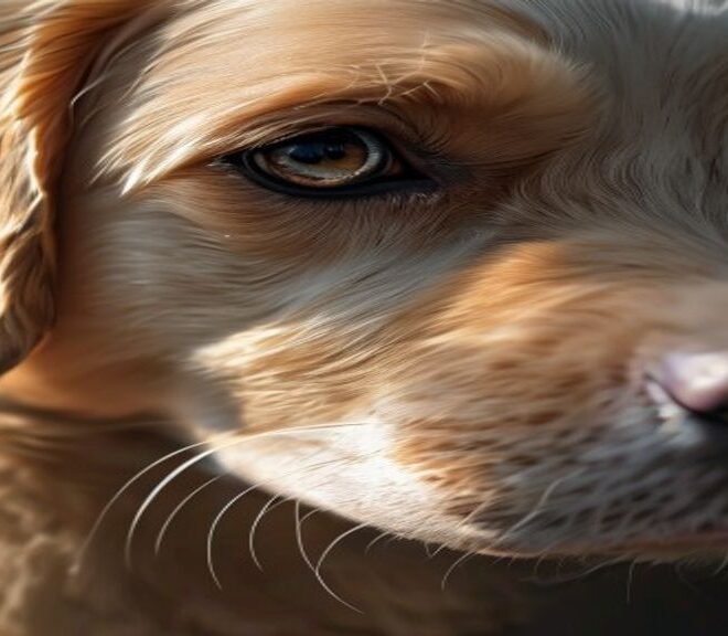 A close-up of a dog with a slightly red, watery eye being gently examined by its owner