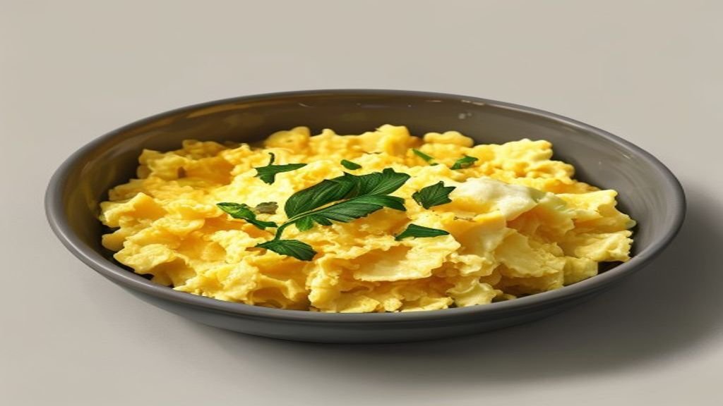 A small portion of plain scrambled egg in a dog's food bowl