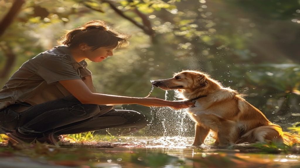 An owner cooling their dog with water in the shade on a hot day