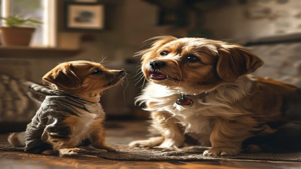 A dog coughing while resting on a bed at home, owner checking on it with concern
