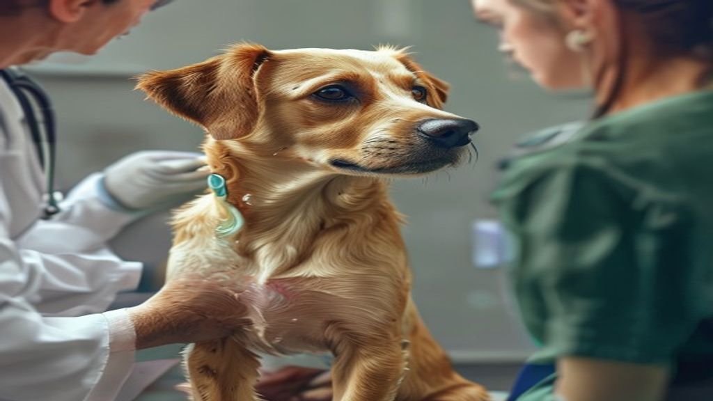 A dog being examined by a veterinarian for a skin condition on its elbow