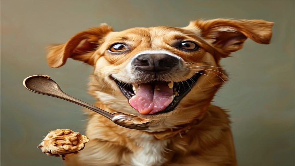 A dog happily licking plain peanut butter off a spoon