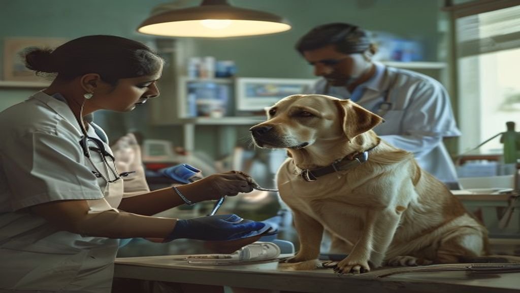 A veterinarian giving a dog a vaccination at a clinic in India
