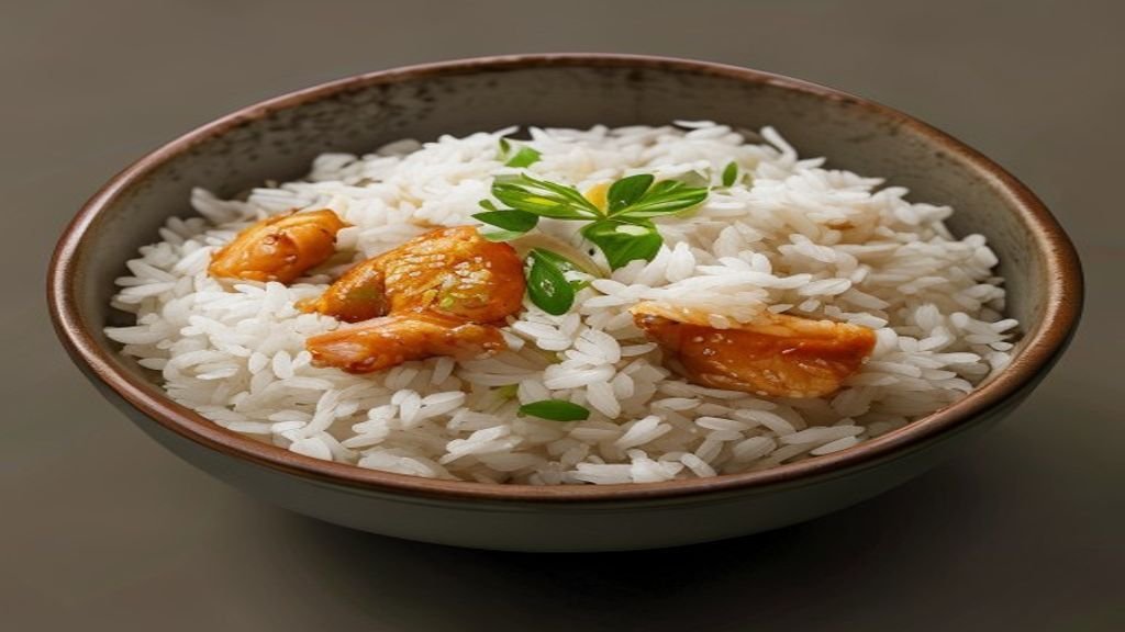 A small bowl of plain cooked rice mixed with chicken for a cat