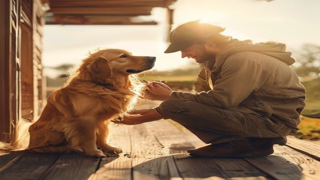 A pet owner gently checking their golden retriever for ticks outdoors after a walk