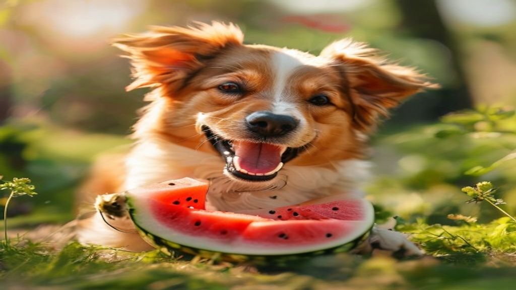 A dog being offered small seedless watermelon cubes as a treat
