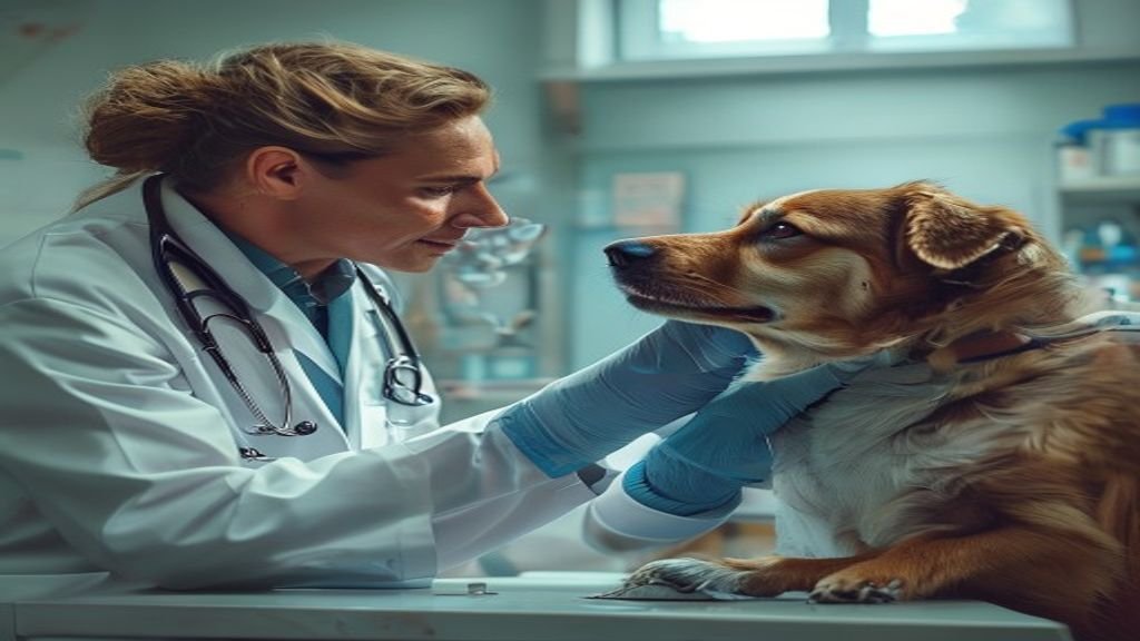 A veterinarian examining a dog during a routine deworming checkup