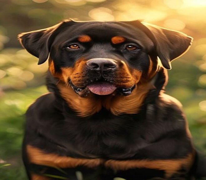 Rottweiler dog standing outdoors, featured image comparing German, American, and Roman Rottweiler types