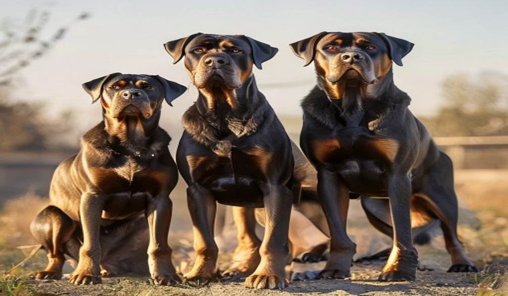 Three Rottweilers side by side showing German, American, and Roman build differences