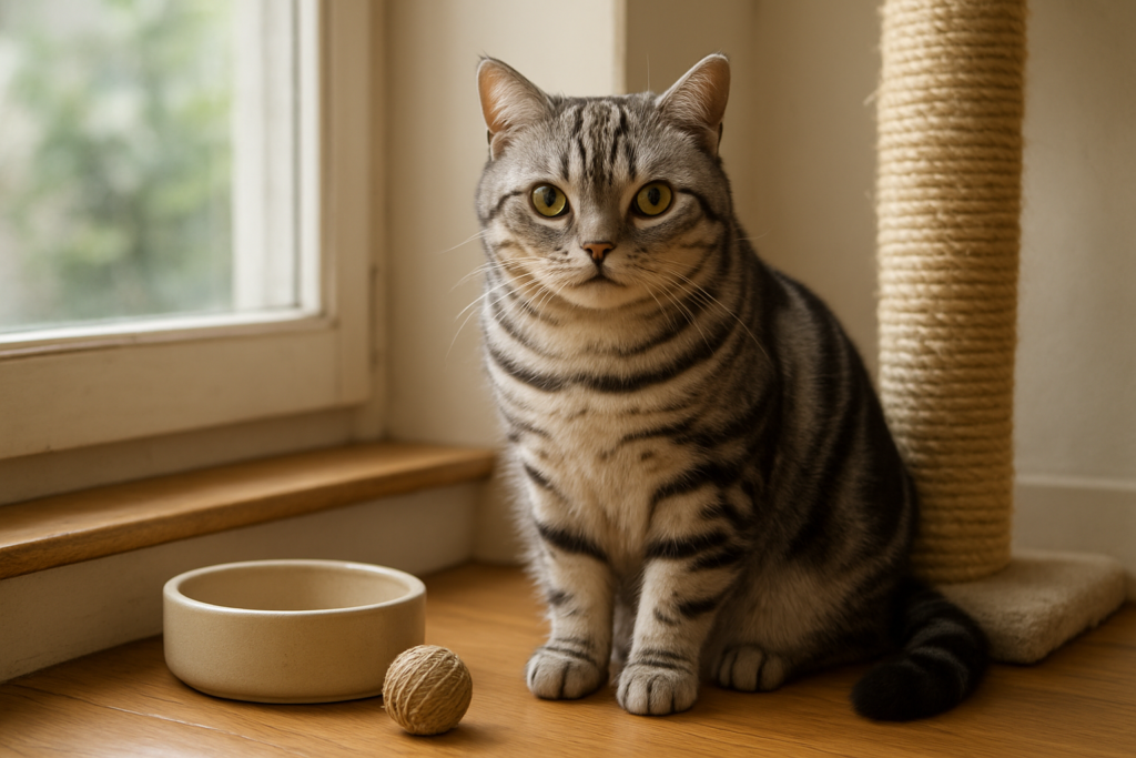 An American Shorthair cat sitting by a window near a scratching post and food bowl, no people, illustrating home care and cost context for owning an American Shorthair in India