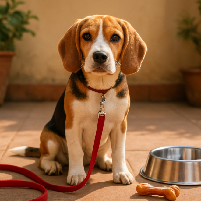 A tricolor Beagle sitting on a home patio near a leash and food bowl, no people, illustrating home care and cost context for owning a Beagle in India