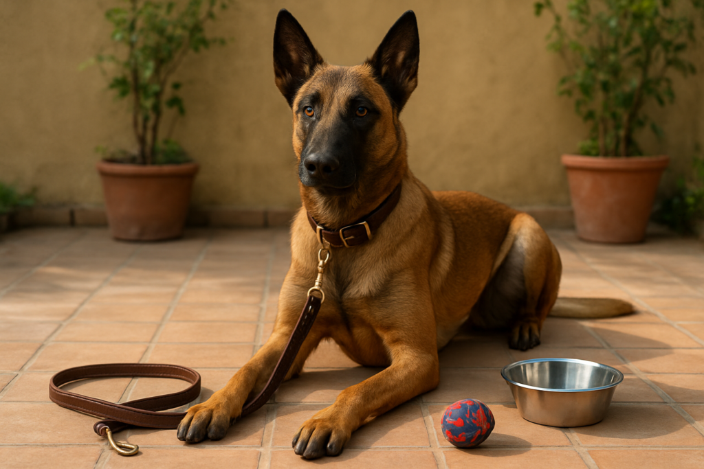 A Belgian Malinois sitting alertly on a home patio near a leash, no people, illustrating home care and cost context for owning a Belgian Malinois in India