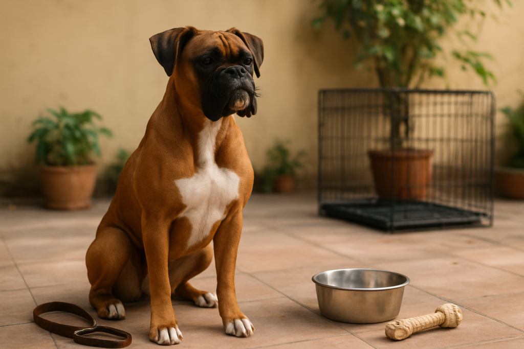 A Boxer dog sitting on a sunny patio near a leash, food bowl and crate, no people, illustrating home care and cost context for owning a Boxer in India