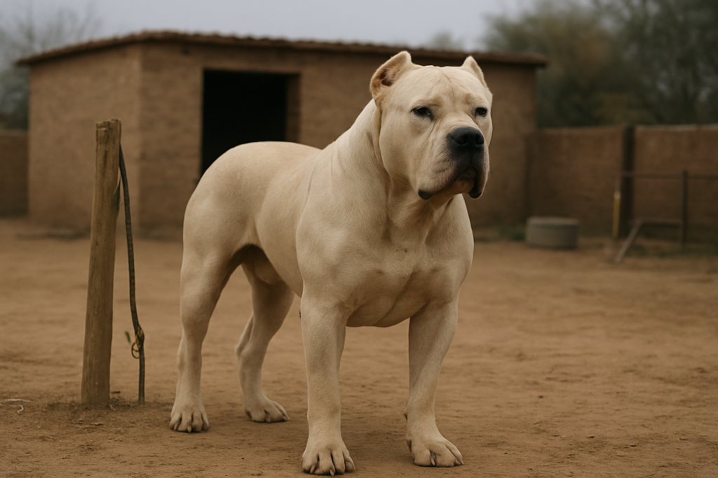 A large muscular Bully Kutta standing alone in a rural training yard near a kennel, no people, illustrating the breed size and care needs for cost context in India