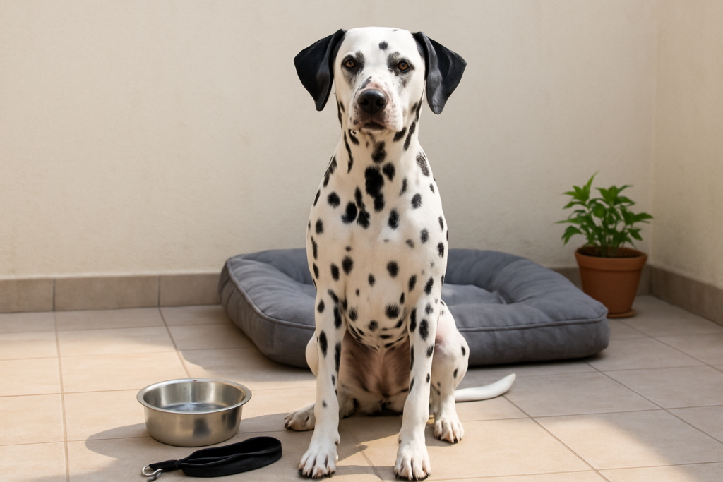 A Dalmatian dog sitting alertly on a home patio next to a dog bed, water bowl and leash, no people, illustrating home care and cost context for owning a Dalmatian in India