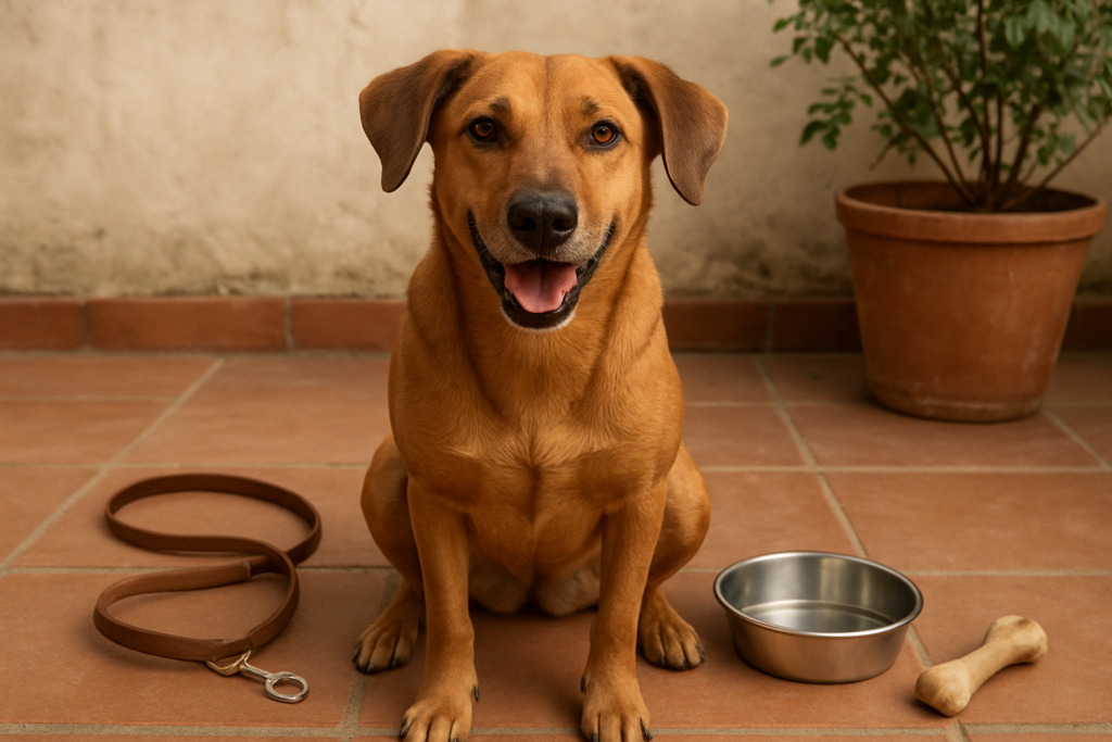 A friendly brown dog sitting on a home patio near a leash and food bowl, no people, illustrating home care and cost context for owning a dog in India