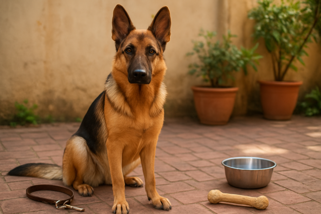 A German Shepherd sitting alertly on a home patio near a leash and food bowl, no people, illustrating home care and cost context for owning a German Shepherd in India