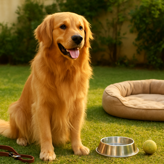 A Golden Retriever sitting on a sunny lawn near a leash and tennis ball, no people, illustrating home care and cost context for owning a Golden Retriever in India