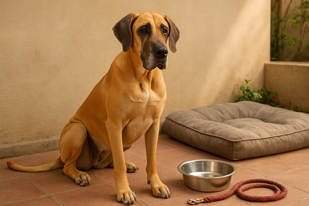 A large Great Dane standing on a home patio near a big food bowl, no people, illustrating home care and cost context for owning a Great Dane in India