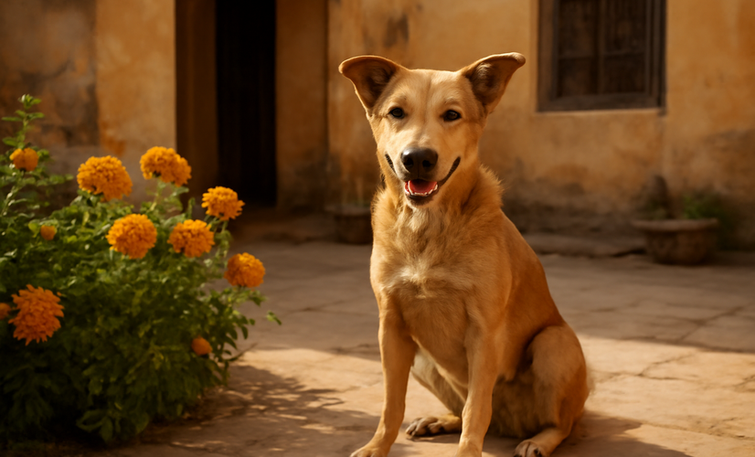 A friendly Indie dog sitting in a North Indian home courtyard with marigold flowers, warm light
