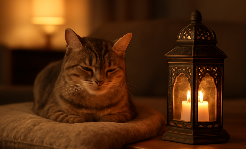 A calm cat resting on a soft cushion near a decorative lantern in a warmly lit home