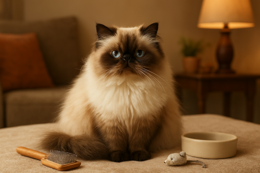 A fluffy Himalayan cat resting on a cushion indoors near a grooming brush and food bowl, no people, illustrating home care and cost context for owning a Himalayan cat in India