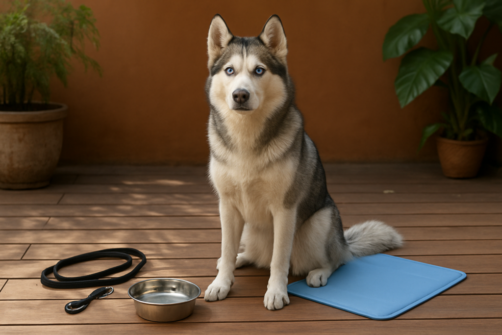 A Siberian Husky with blue eyes sitting on a home patio near a leash and water bowl, no people, illustrating home care and cost context for owning a Husky in India