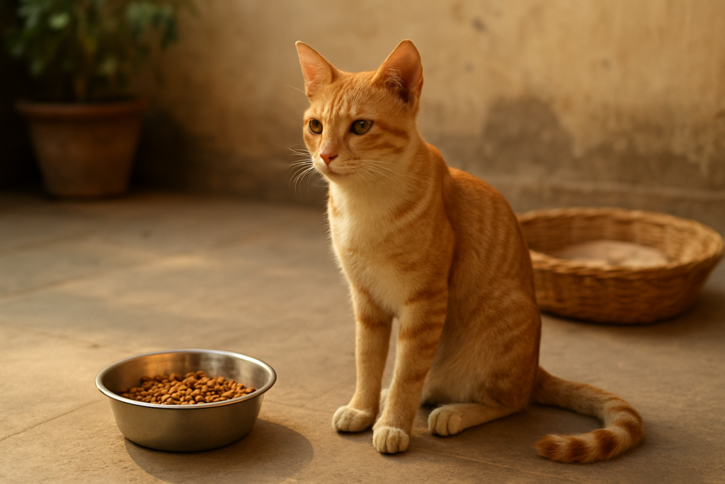 An Indian desi cat sitting on a home veranda near a food bowl and basket bed, no people, illustrating home care and cost context for owning a desi cat in India
