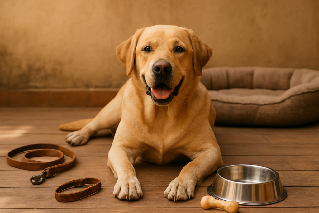 A Labrador Retriever sitting on a home patio near a leash and food bowl, no people, illustrating home care and cost context for owning a Labrador in India