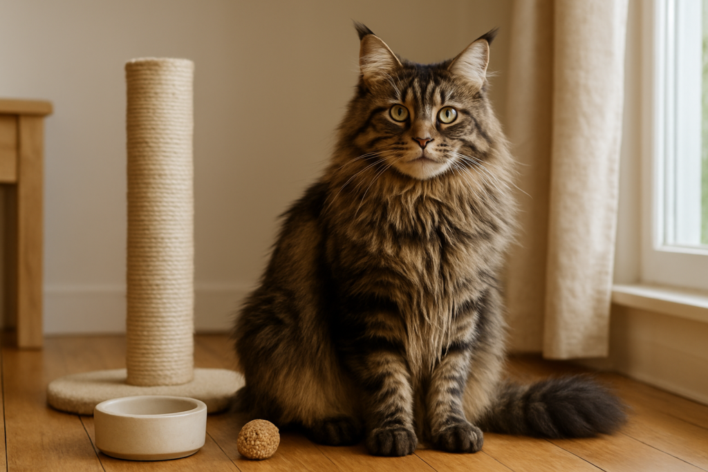 A large fluffy Maine Coon cat sitting on a windowsill near a scratching post, no people, illustrating home care and cost context for owning a Maine Coon in India