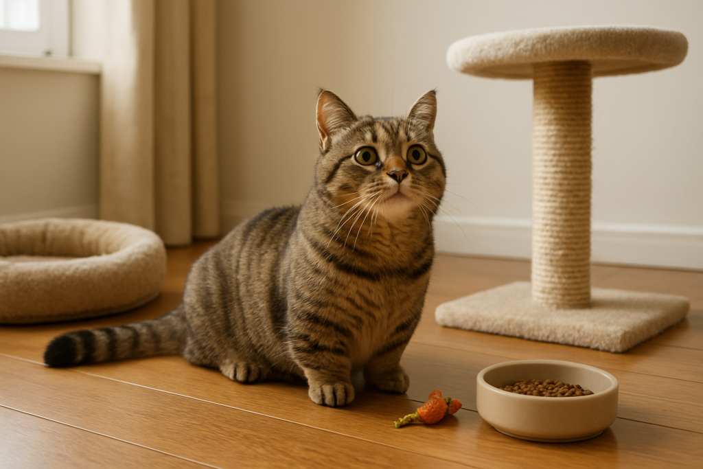 A Munchkin cat with short legs playing near a cat tree and food bowl, no people, illustrating home care and cost context for owning a Munchkin cat in India
