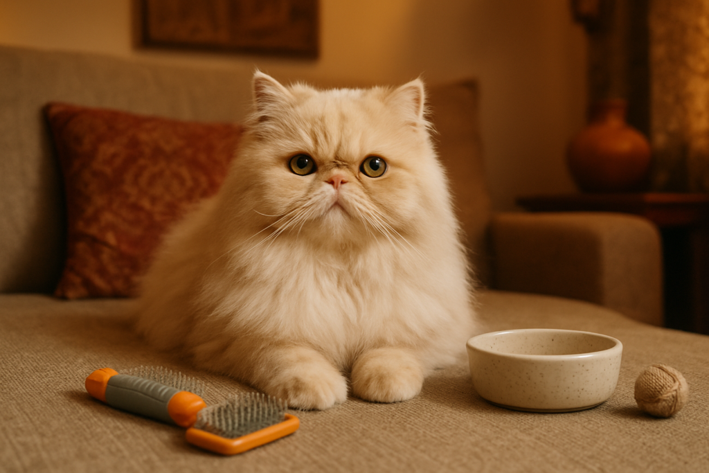 A Persian cat with a long fluffy coat sitting on a sofa near a grooming brush, no people, illustrating home care and cost context for owning a Persian cat in India