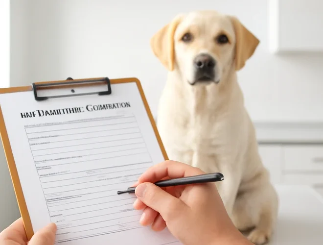 A hand filling out a pet insurance claim form with a dog sitting beside a veterinary exam table