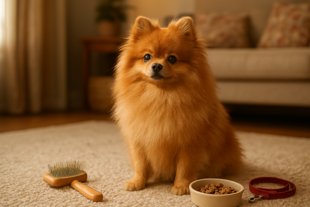 A fluffy Pomeranian dog sitting on a rug near a small leash, no people, illustrating home care and cost context for owning a Pomeranian in India