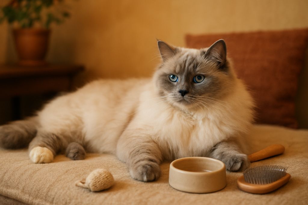 A Ragdoll cat with blue eyes resting on a cushion near a grooming brush, no people, illustrating home care and cost context for owning a Ragdoll cat in India