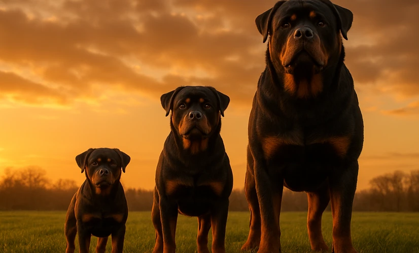 Small, medium, and giant Rottweiler standing side by side at sunset, showing the size difference between German, American, and Roman Rottweiler types