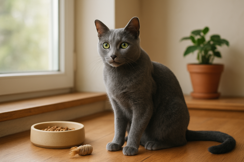 A Russian Blue cat with green eyes sitting on a windowsill, no people, illustrating home care and cost context for owning a Russian Blue cat in India