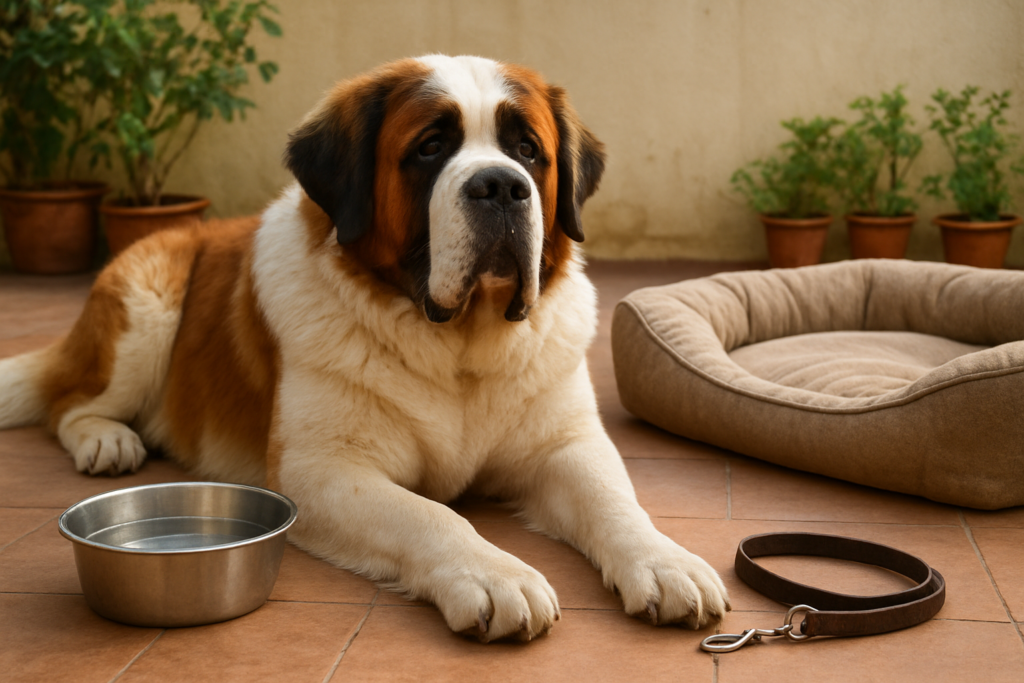 A large Saint Bernard resting on a home patio near a big water bowl and dog bed, no people, illustrating home care and cost context for owning a Saint Bernard in India