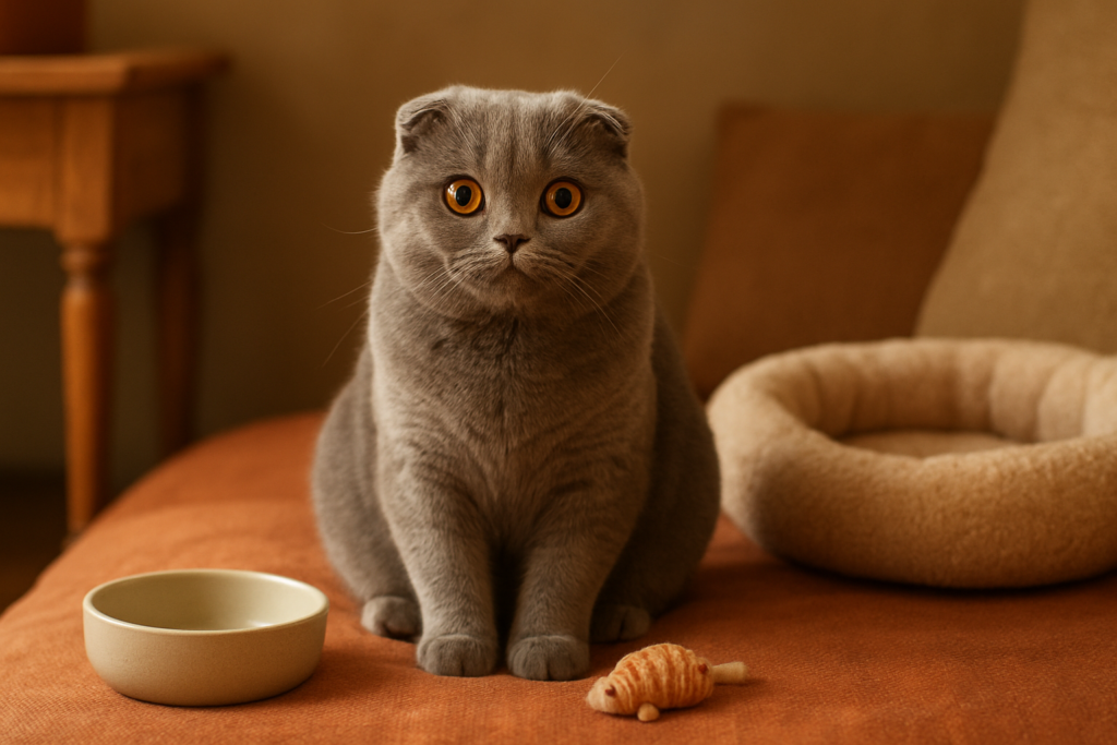 A Scottish Fold cat with small folded ears sitting on a cushion, no people, illustrating home care and cost context for owning a Scottish Fold in India