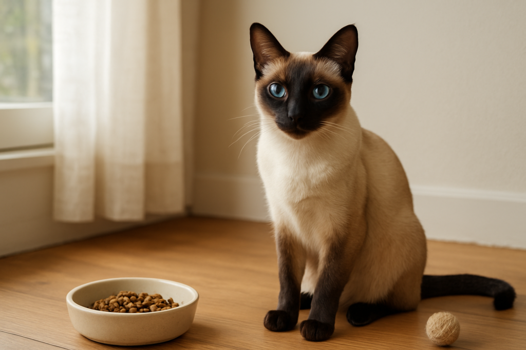 A Siamese cat with blue eyes sitting on a windowsill, no people, illustrating home care and cost context for owning a Siamese cat in India