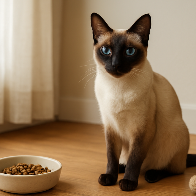 A Siamese cat with blue eyes sitting on a windowsill, no people, illustrating home care and cost context for owning a Siamese cat in India