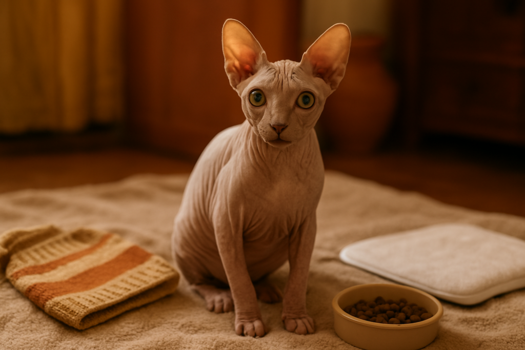 A hairless Sphynx cat sitting on a blanket, no people, illustrating home care and cost context for owning a Sphynx cat in India