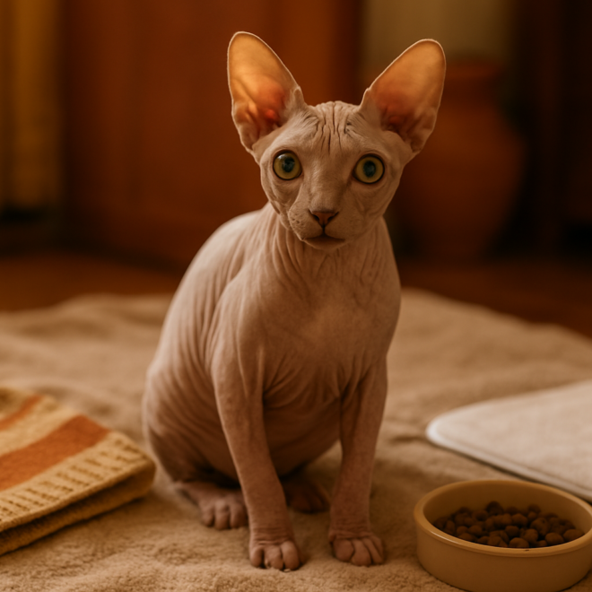 A hairless Sphynx cat sitting on a blanket, no people, illustrating home care and cost context for owning a Sphynx cat in India