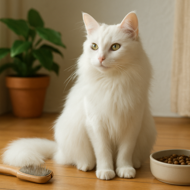 A Turkish Angora cat with a long white silky coat sitting on a windowsill, no people, illustrating home care and cost context for owning a Turkish Angora in India