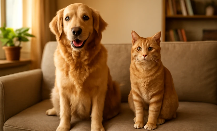 A dog and a cat sitting together on a sofa in a sunlit Indian living room